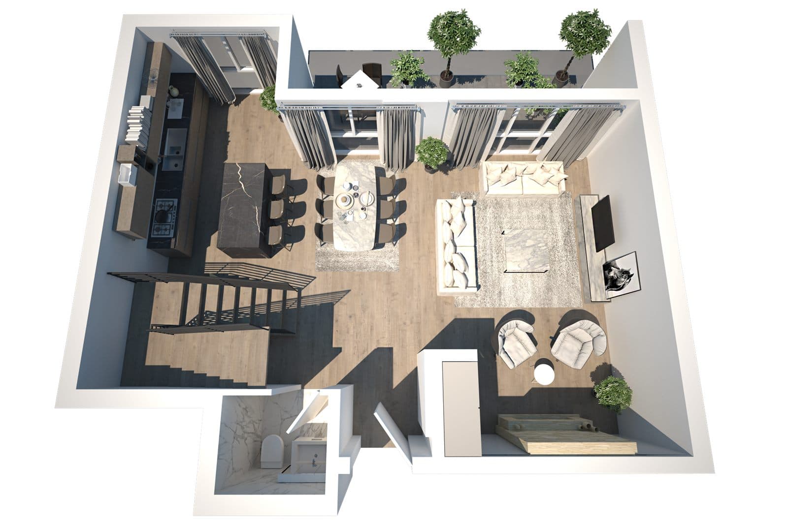 Render 3D i katit të poshtëm të një dupleksi, me kuzhinë, ndenjëse dhe tarracë