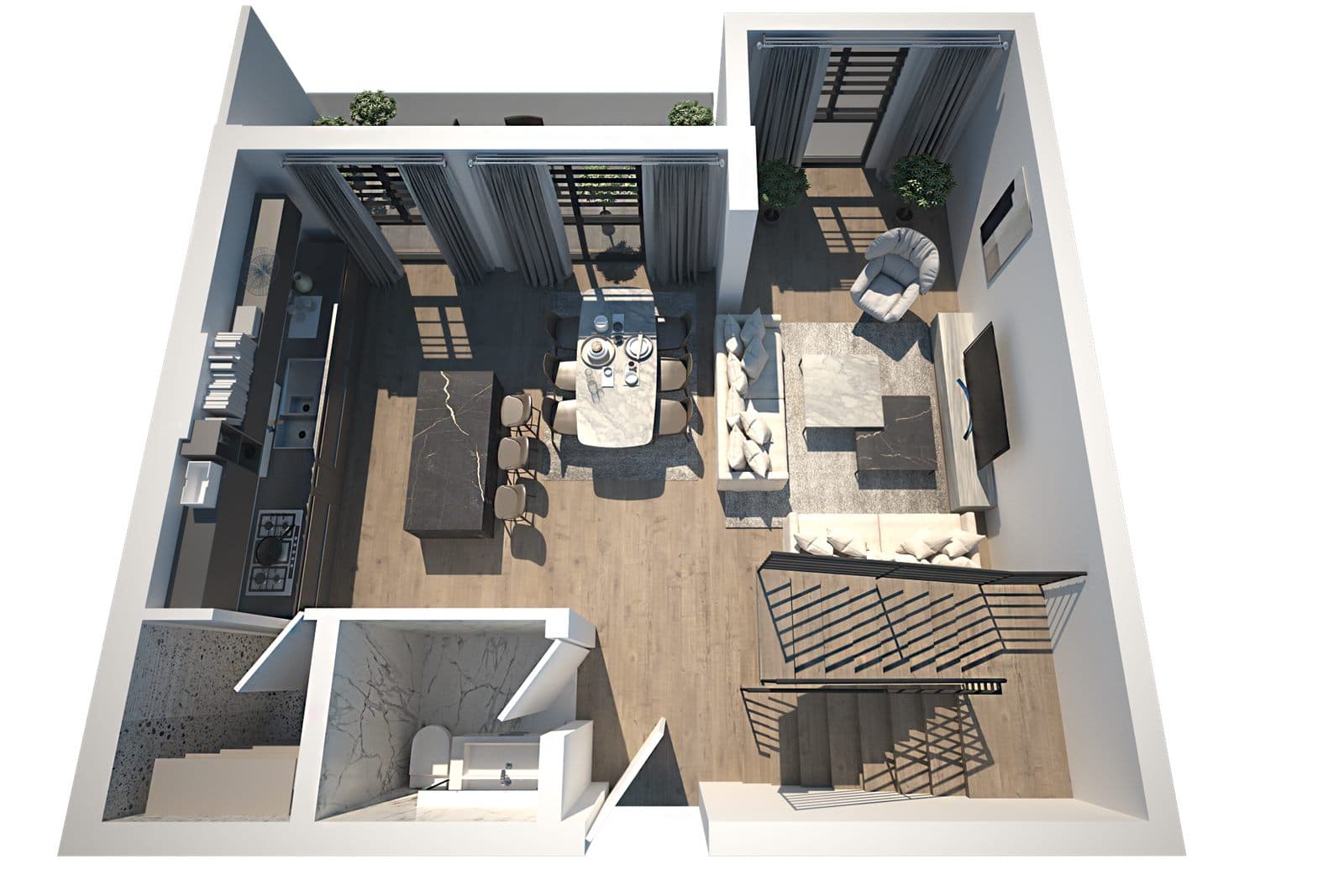 Render 3D i katit të sipërm të një dupleksi me shkallë të brendshme