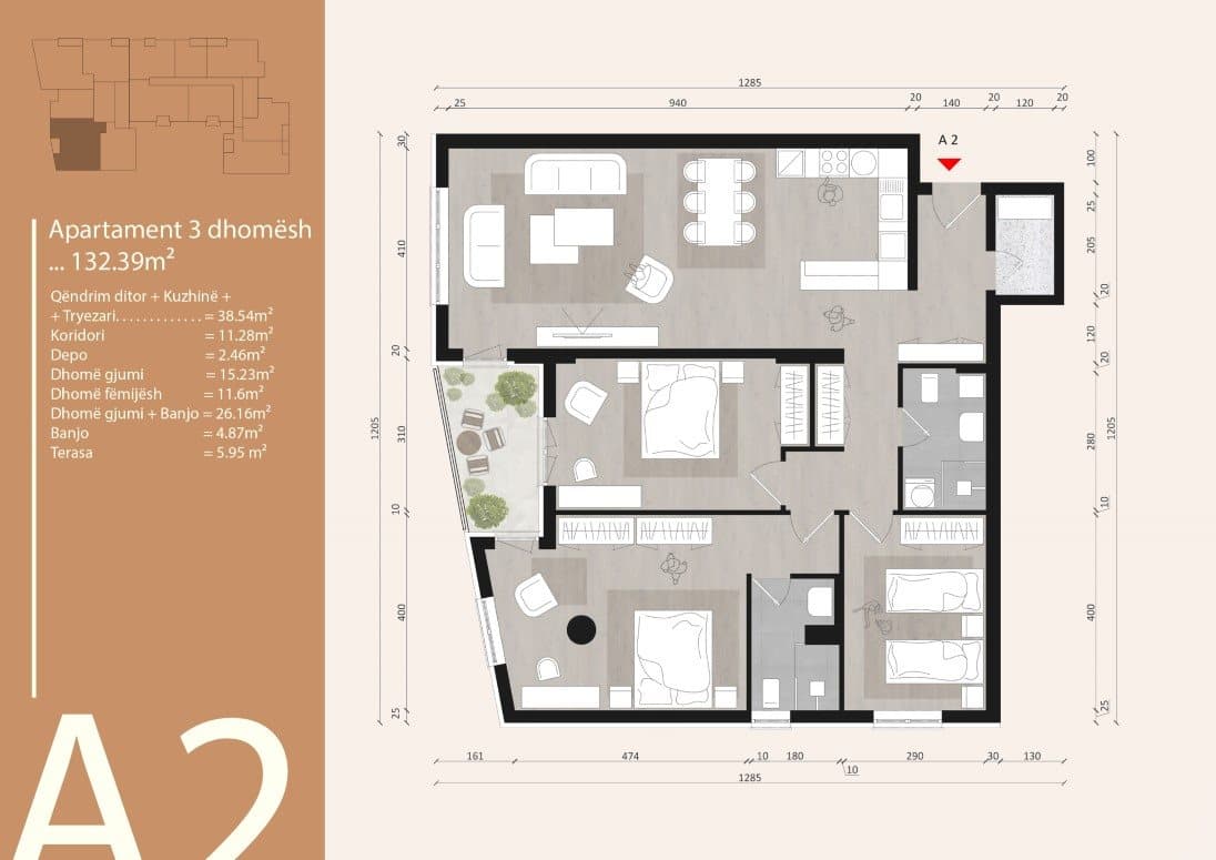 Plan apartamenti 3-dhomësh, tip A2, 132.39 m²