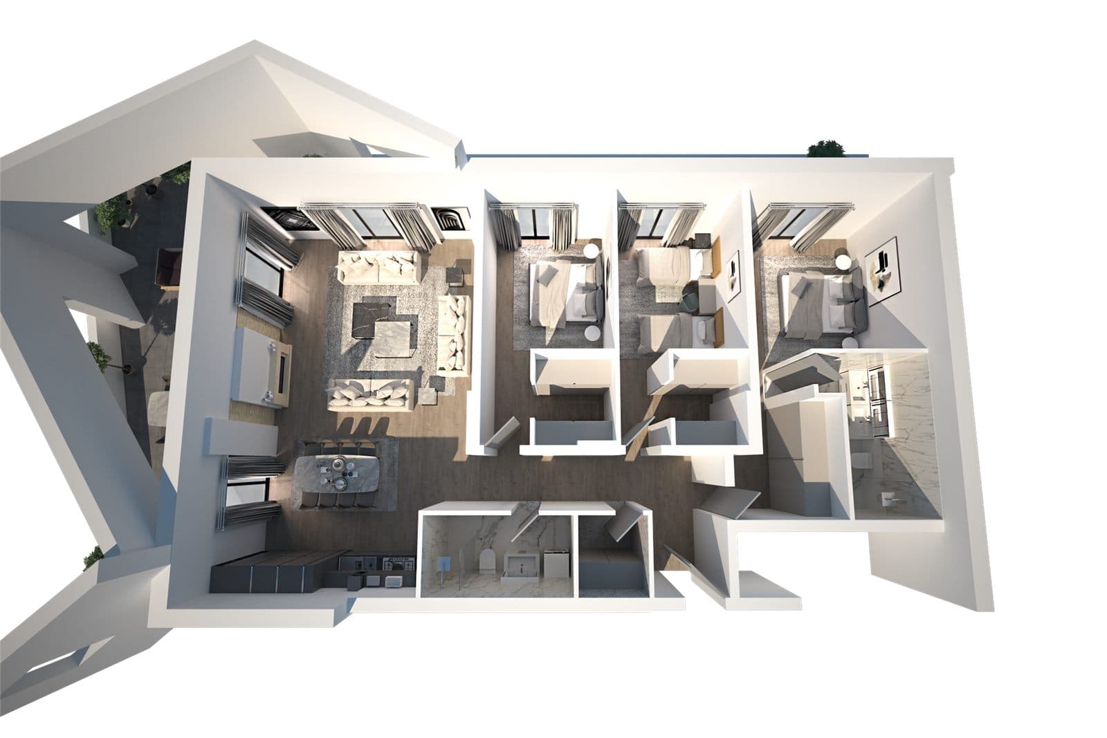 Render 3D i planimetrisë së penthouse-it me tri dhoma gjumi